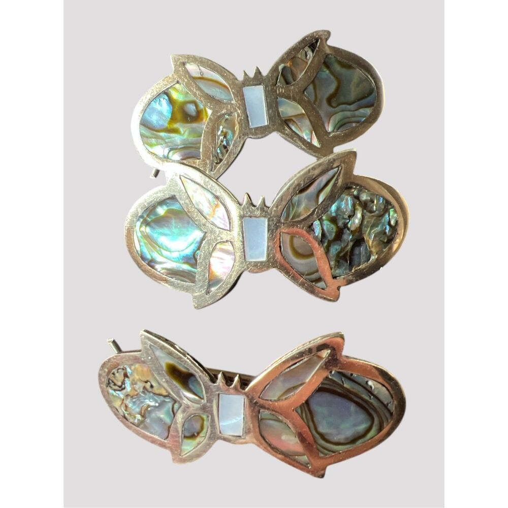 ☑️ Vintage Taxco Mexico Alpaca Silver Abalone Butterfly Barrettes Set of 3 - Picture 5 of 7